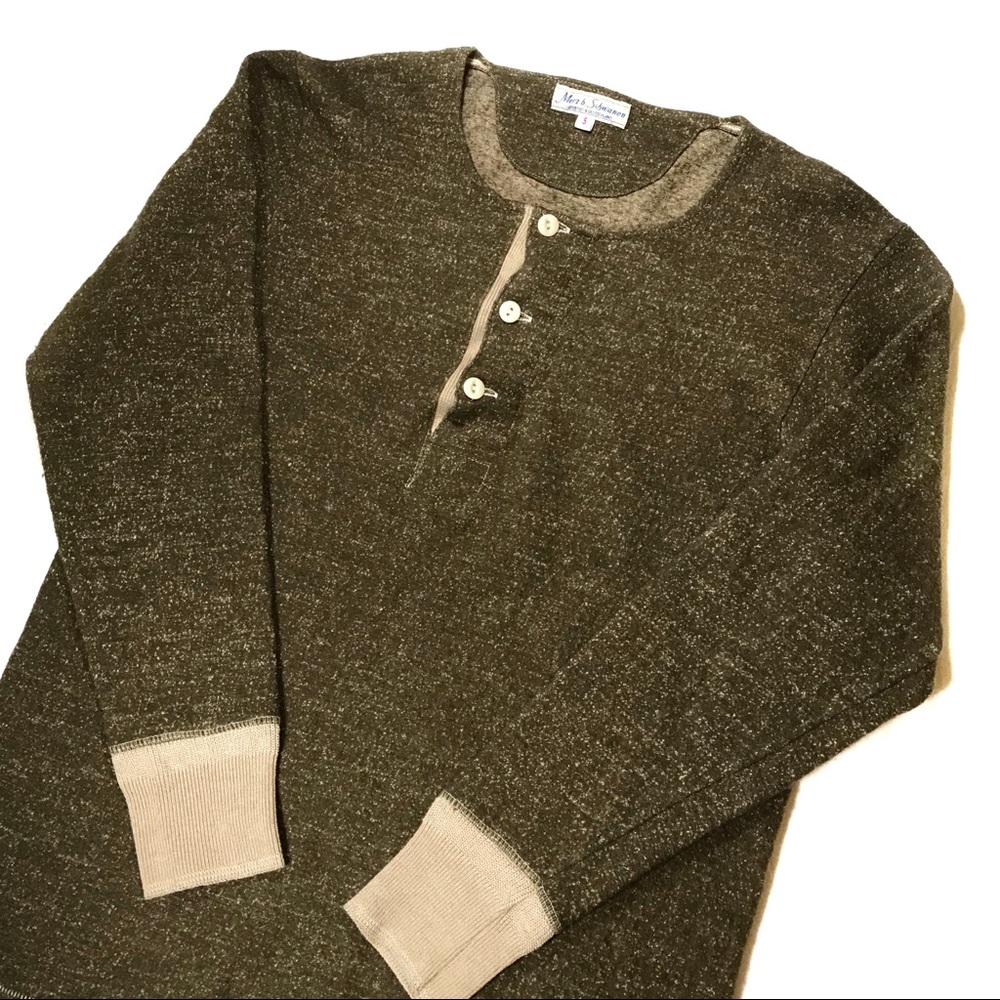Merz B. Schwanen Wool/Cotton 1/4 Button Up Long Sleeve Olive Size 5 (Medium)